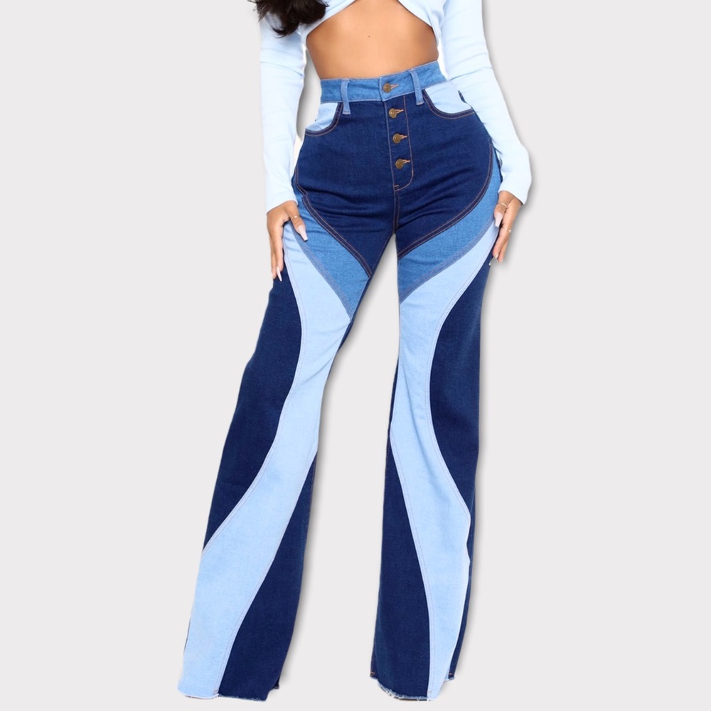 High Waisted Patchwork Jeans Flare